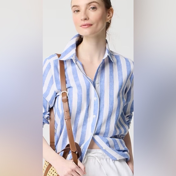 J Crew Linen Shirt M Blue White Stripe Long Sleeve Oxford Collar Preppy Beach - Picture 2 of 8